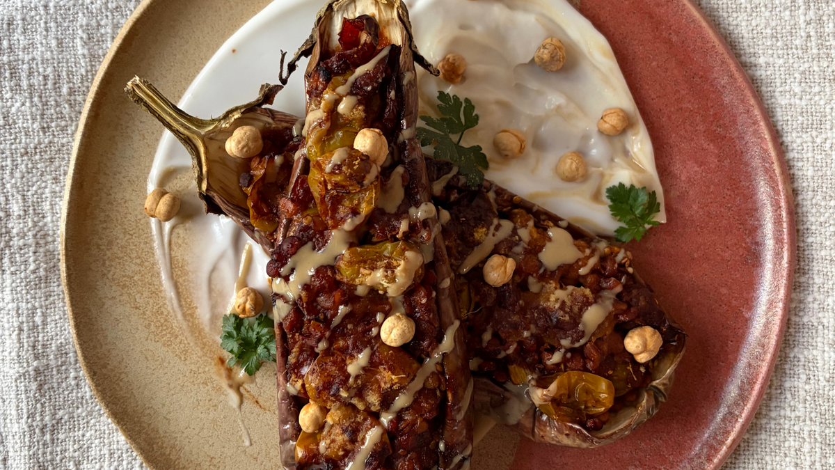 Moroccan-spiced red lentil stuffed aubergine